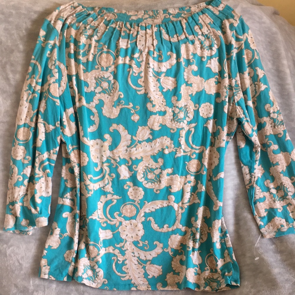 Talbots Classical dress top size XL gathered neckline Aqua beige 3/4 sleeve RS